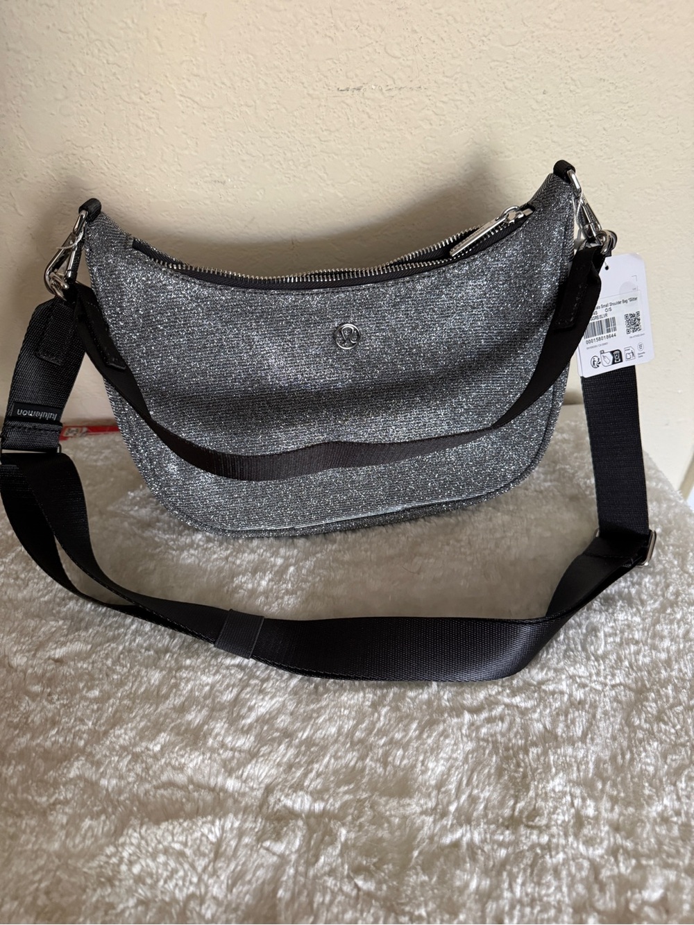 lululemon athletica Silver Sparkle Crossbody Bag with Black Strap